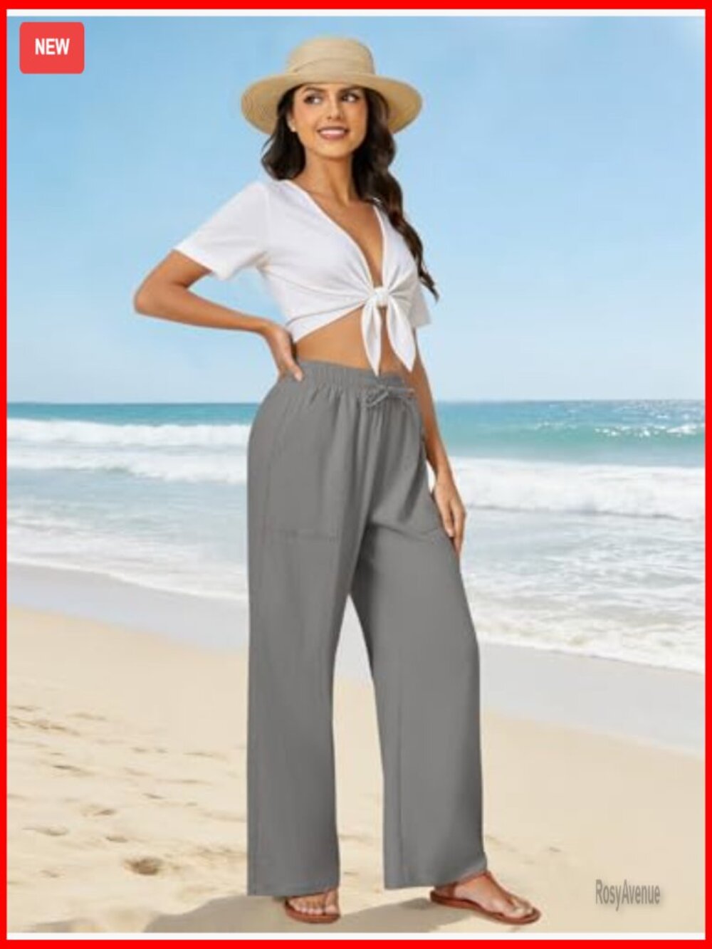 Palazzo Pants Casual Drawstring Flowy Wide Leg Summer Beach Linen Trousers with - Picture 3 of 7